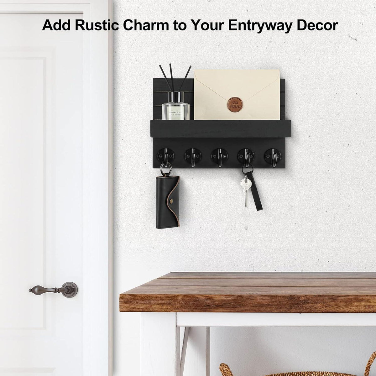 Wall Key Holder with Shelf, Hooks for Bags & Coats, Paulownia Wood, 9.8 x 6.7 x 4.2