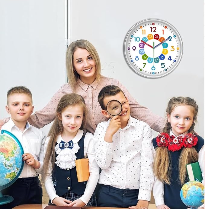 XFM Silent Kids Wall Clock 8 Inch Non Ticking Battery Operated Kids Teaching