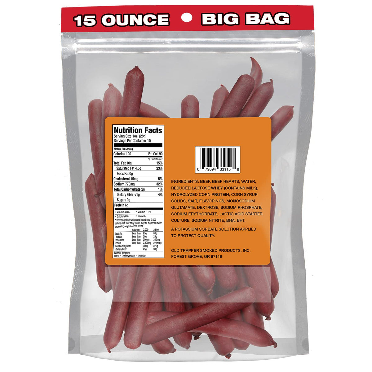 Old Trapper Original Deli-Style Beef Sticks,15-Ounce Package, Perfect for On-the-Go Snacking, Six Grams of Protein and Zero Grams of Sugar per Serving (Pack of One)