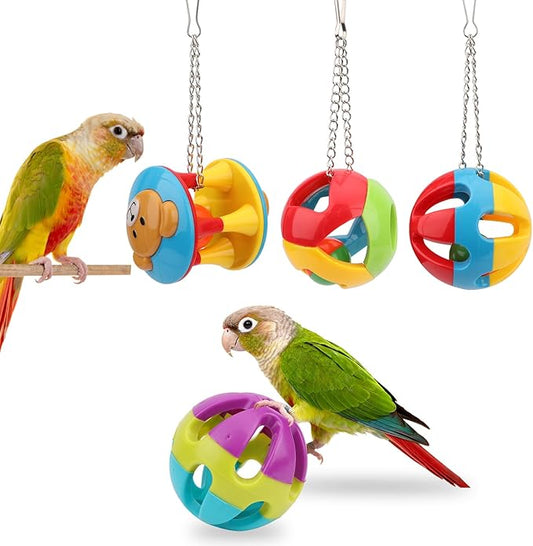 Hypeety Pet Parrot Toy Plastic Colorful Birds Ball with 1 Bell for Budgie African Grey Cockatoo Cockatiel Sun Conures 4 Balls