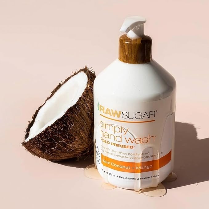 RAW SUGAR Raw Coconut + Mango Hand Soap, Body Scrub & Body Butter Bundle, Body Care for Dry Skin, Exfoliate and Moisturize, Hand Wash + Body Care - Mango, Formulated without Sulates and Parabens