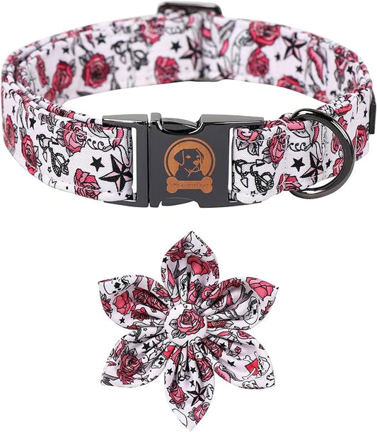 MR. CHUBBYFACE Valentine's Dog Collar with Flower-Cute Pink Rose Cotton Dog Collar, Adjustable Valentine's Boy Girl Dog Collars with Metal Buckle for Small Medium Large Dogs