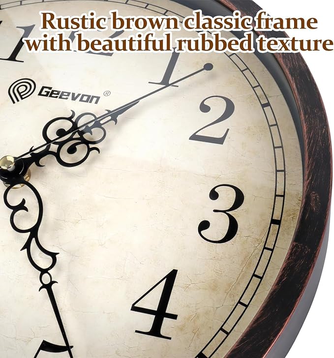 Geevon Retro Silent 12 Inch Wall Clock Non Ticking, Rustic Vintage Clock Quartz