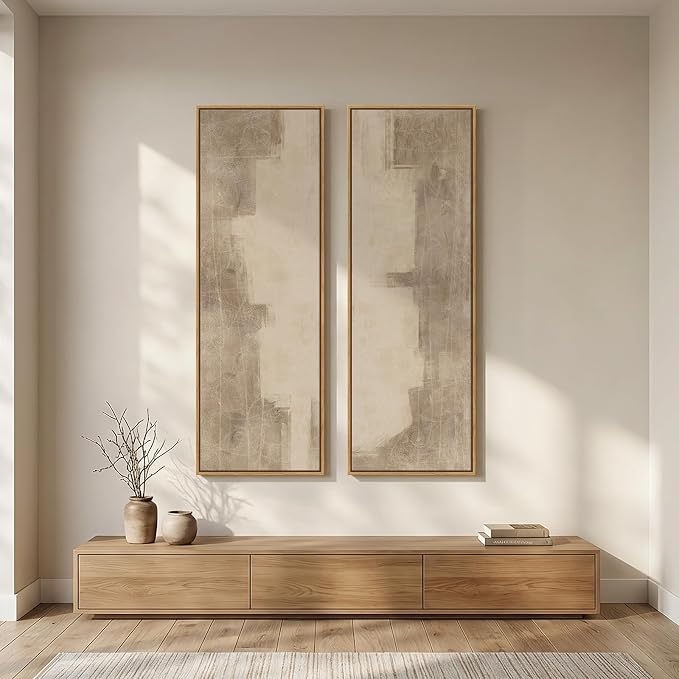 Long Narrow Framed Neutral Abstract Vertical Wall Art Set of 2, Oversized