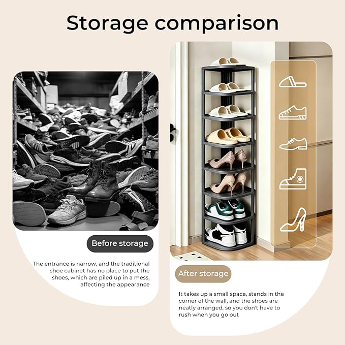 UFORU 8 Tier Vertical Shoe Rack,Corner Shoe Organizer for Entryway,Narrow Free Standing Shoe Organizer for Small Spaces,Tall Shoe Rock for Closet,Easy Assembly Shoe Storage Stand