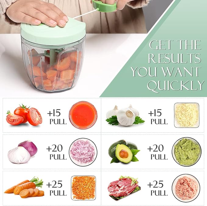 Ourokhome Manual Food Processor Vegetable Chopper, Portable Hand Pull String Garlic Mincer Onion Cutter for Veggies, Ginger, Fruits, Nuts, Herbs, etc., 900ml, Green