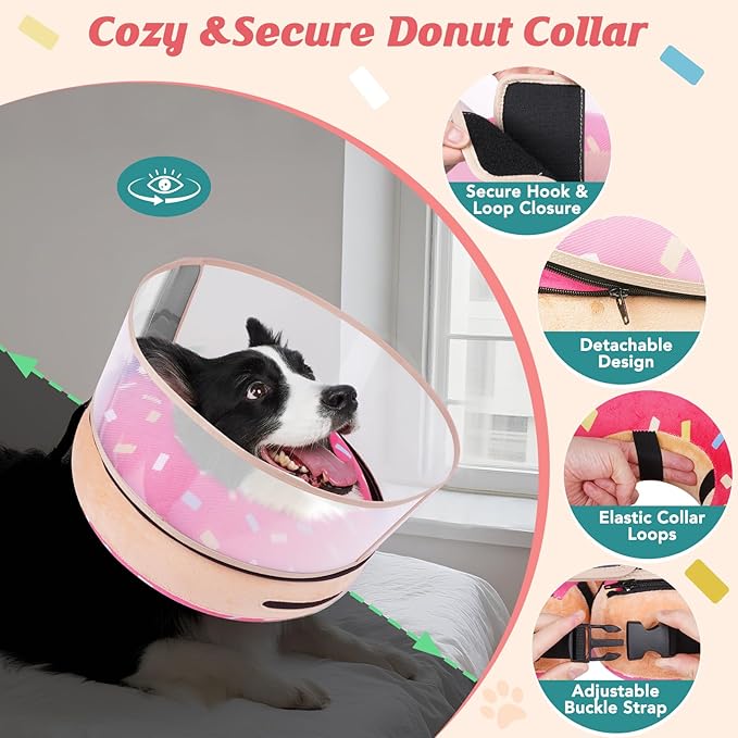 Inflatable Dog Cone with Anti-Licking Clear Shield, Protective Dog Donut Collar After Surgery, Adjustable Soft Recovery Cone for Pets, Alternative Collar with Buckle Strap (Pink, XL)