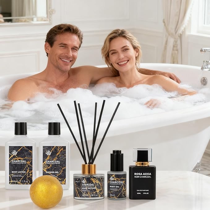 35 Pcs Christmas Gifts for Women & Men, Charcoal Bath & Body Gift Basket, Face Skin Care Kit, Self-Care Gift, Diffuser, Shower Gel, Massage Oil, Bath Bomb, Birthday, Valentines, Mother Day, Husband