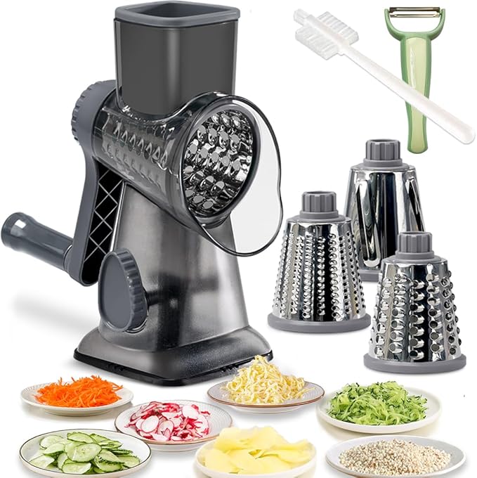Rotary Cheese Grater Shredder with Handle Handheld Round Mandoline Vegetable Slicer Carrot Shredder Nut Grinder with 3 Replaceable Stainless Steel Drum Blades and Upgrade Strong Suction, Dark Grey