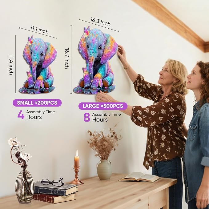 MEATRN Wooden Jigsaw Puzzles, Animal Puzzles for Adults & Kids, 199 Pcs | Colorful Baby Elephant with Butterflies, Educational Brain Teaser Gift and Home Art Decor, 11.1x11.4 in