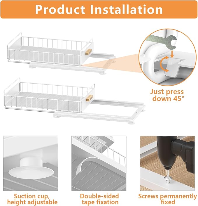 Under Sink Organizer, 2 Packs Under Sink Organizers and Storage, Slide Out Pull Out Cabinet Organizer Shelf with Metal Drawers for Kitchen Bathroom Pantry, White