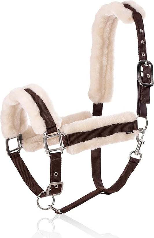 Equinavia Valkyrie Ultra Fleece Breakaway Horse Halter | Padded Fleece Adjustable Safety Halter with Nylon Webbing - Brown/Ivory White - Horse