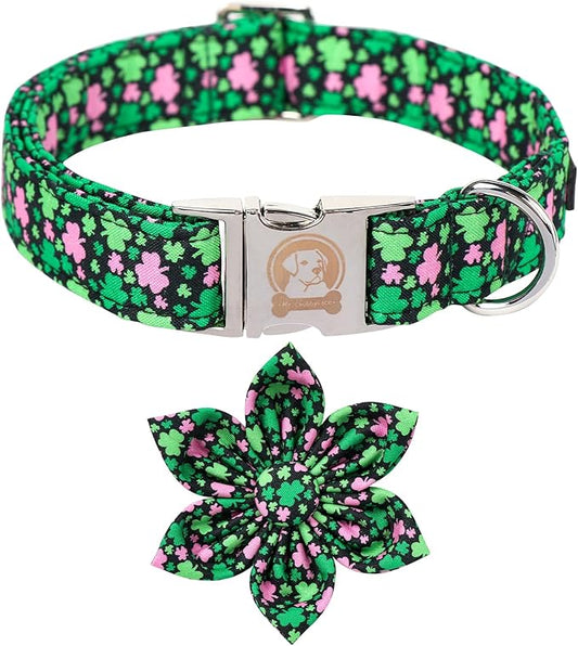 MR. CHUBBYFACE St.Patrick's Clover Dog Collar with Flower, Pink Green Clovers Shamrock Adjustable Dog Collar, Cute St.Patrick's Collar for Small Medium Large Dogs