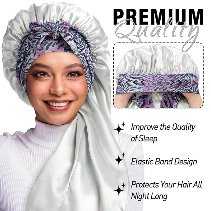 2Pcs Bonnets for Black Women Braid Bonnet, Large Long Satin Silk Bonnet for Braids, Women Braid Bonnet with Stretchy Tie Band for Sleeping Extra Long (Black & Light Green Pattern