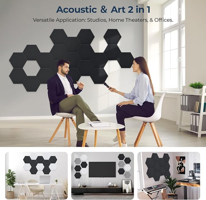12 Pack Hexagon Acoustic Panels, Self-Adhesive Acoustic Wall Panels