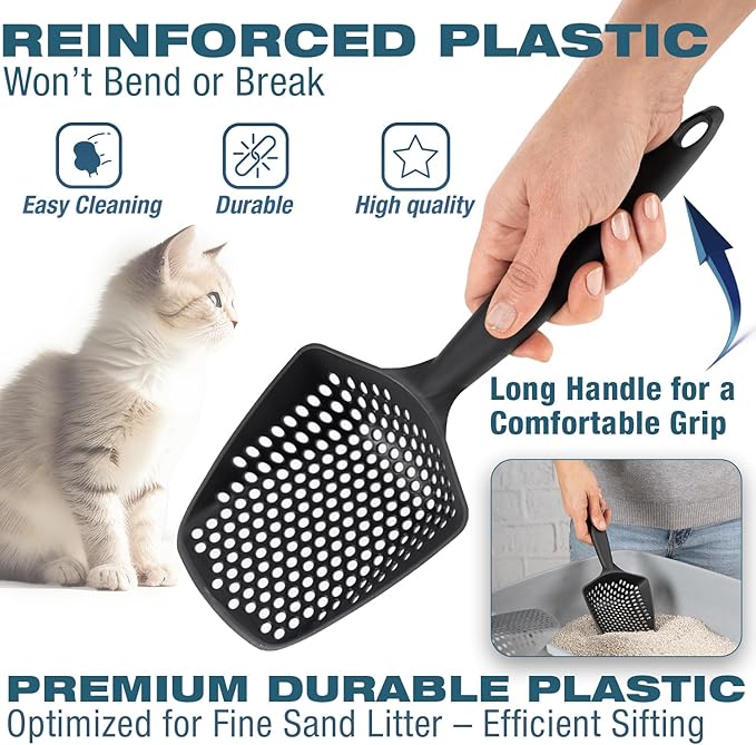 Set of 3 Cat Litter Scoop with Small Holes, Deep Sifting Shovel for Fine Litter, Reptile Terrarium Sand & Rabbit Pooper Lifter, Hanging Handle Poop Scooper (Gray, Set of 3)
