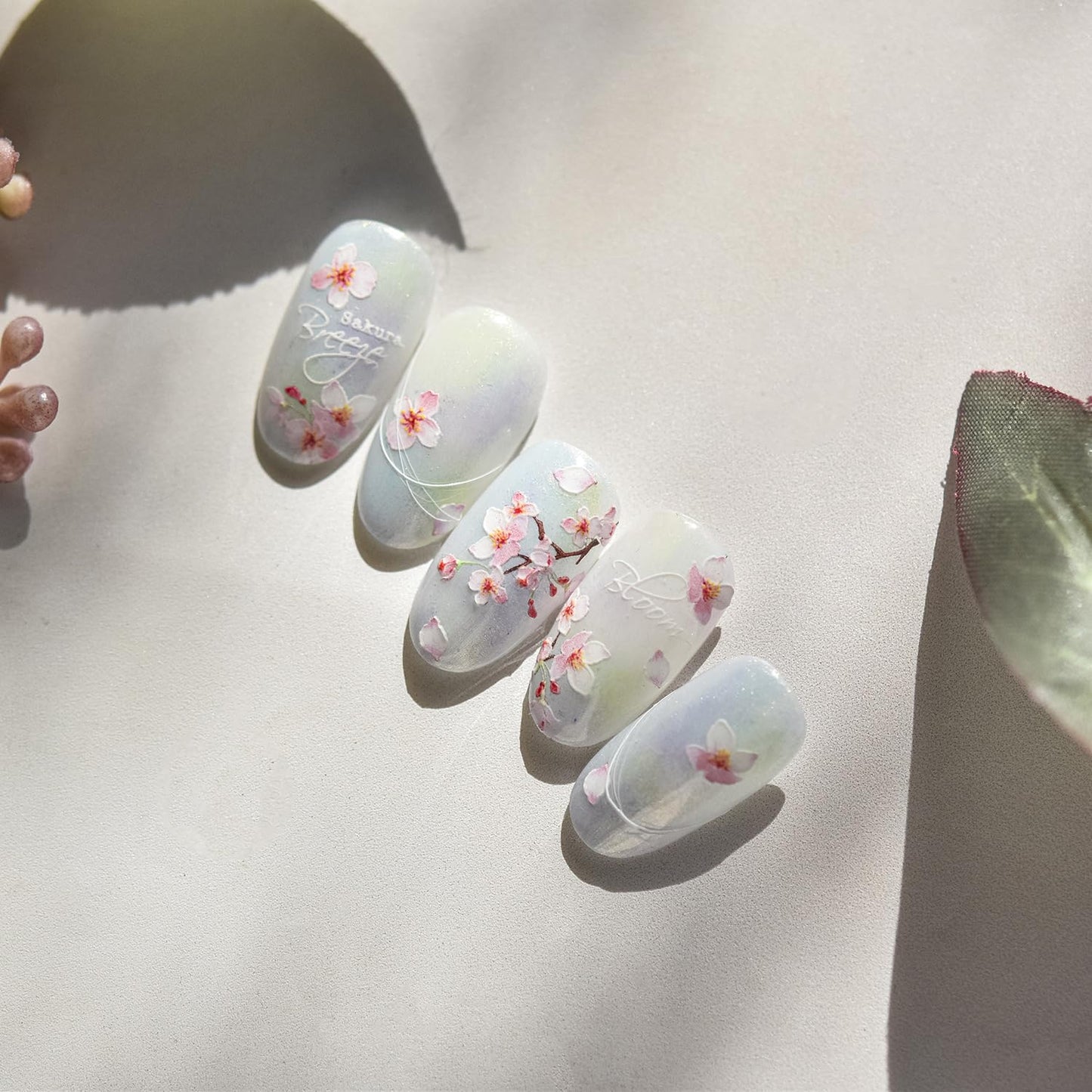 Cherry Blossoms Nail Art Stickers Pink White Flowers Nail Decals for Acrylic Nails 5D Embossed Self-Adhesive Flower Designs Nail Sticker Spring Summer Cute Floral Nail Decal for Women DIY Nail Decor