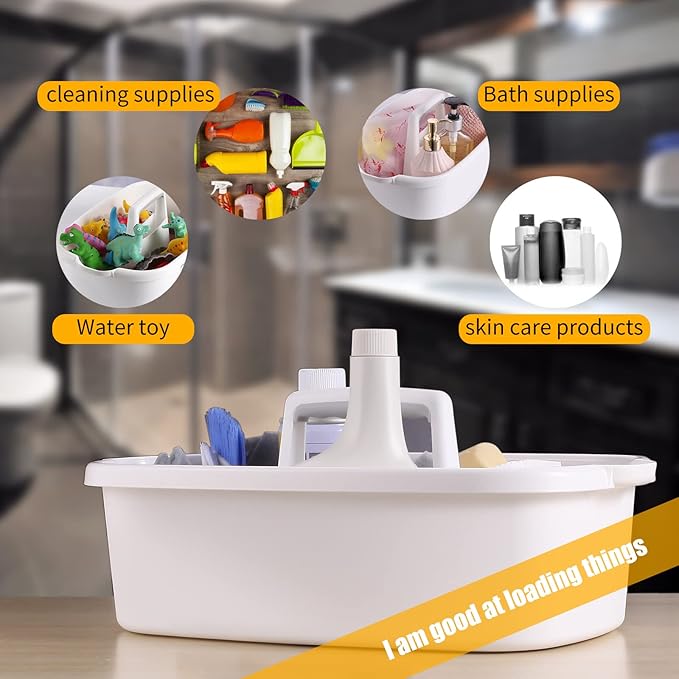 2-Pack Large White Cleaning Caddy for Cleaning Supplies with Handle - Portable Plastic Tote Organizer for Shower, Bathroom, Kitchen, Under Sink Storage