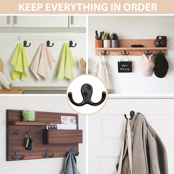 Homanu 10 Pack Coat Hooks, Heavy Duty Double Prong Coat Hooks Wall Mounted