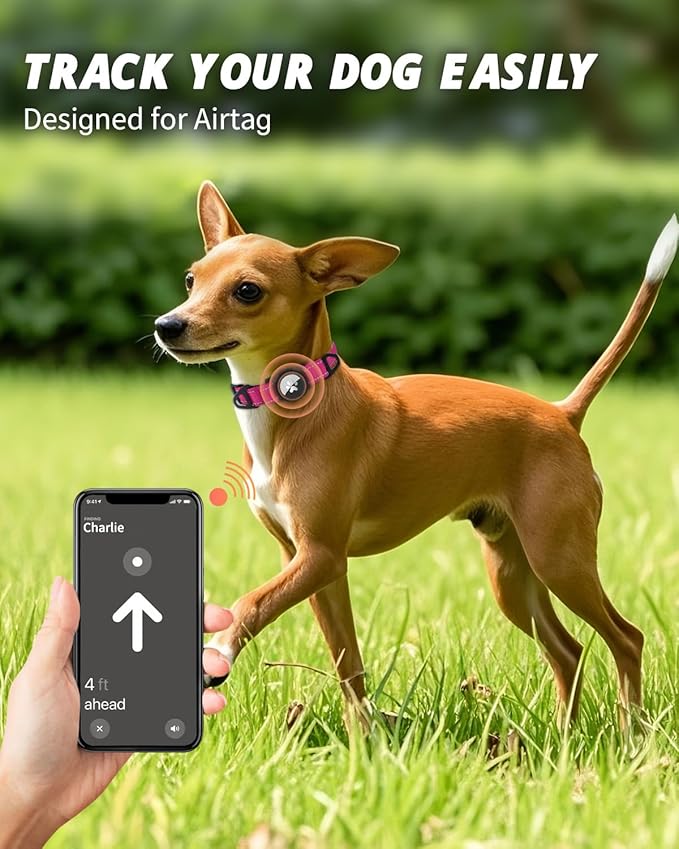 Joytale Airtag Dog Collar, Reflective Pet Collar with Waterproof AirTag Holder, Dual D-Rings, Soft Padded Adjustable for Extra Small and Puppy Dogs, Hotpink, XS