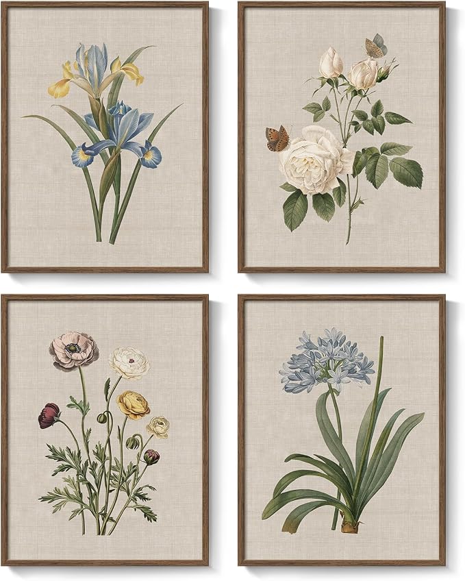 Framed Vintage Botanical Wall Art, 4 Piece Rustic Floral Painting Canvas Prints