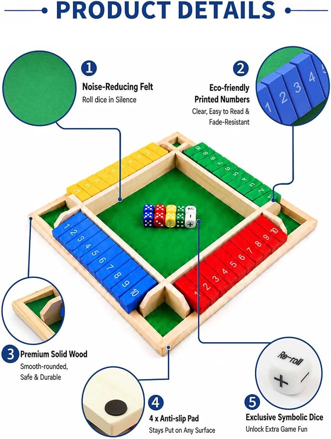 Upgraded 12-inch Shut The Box Game, Easy Quick and Fun Educational Math Game with 4 Symbolic Dice, 1-4 Players Wooden Board Games for Family Night Classroom Party, Tabletop Games for Kids Adult Senior