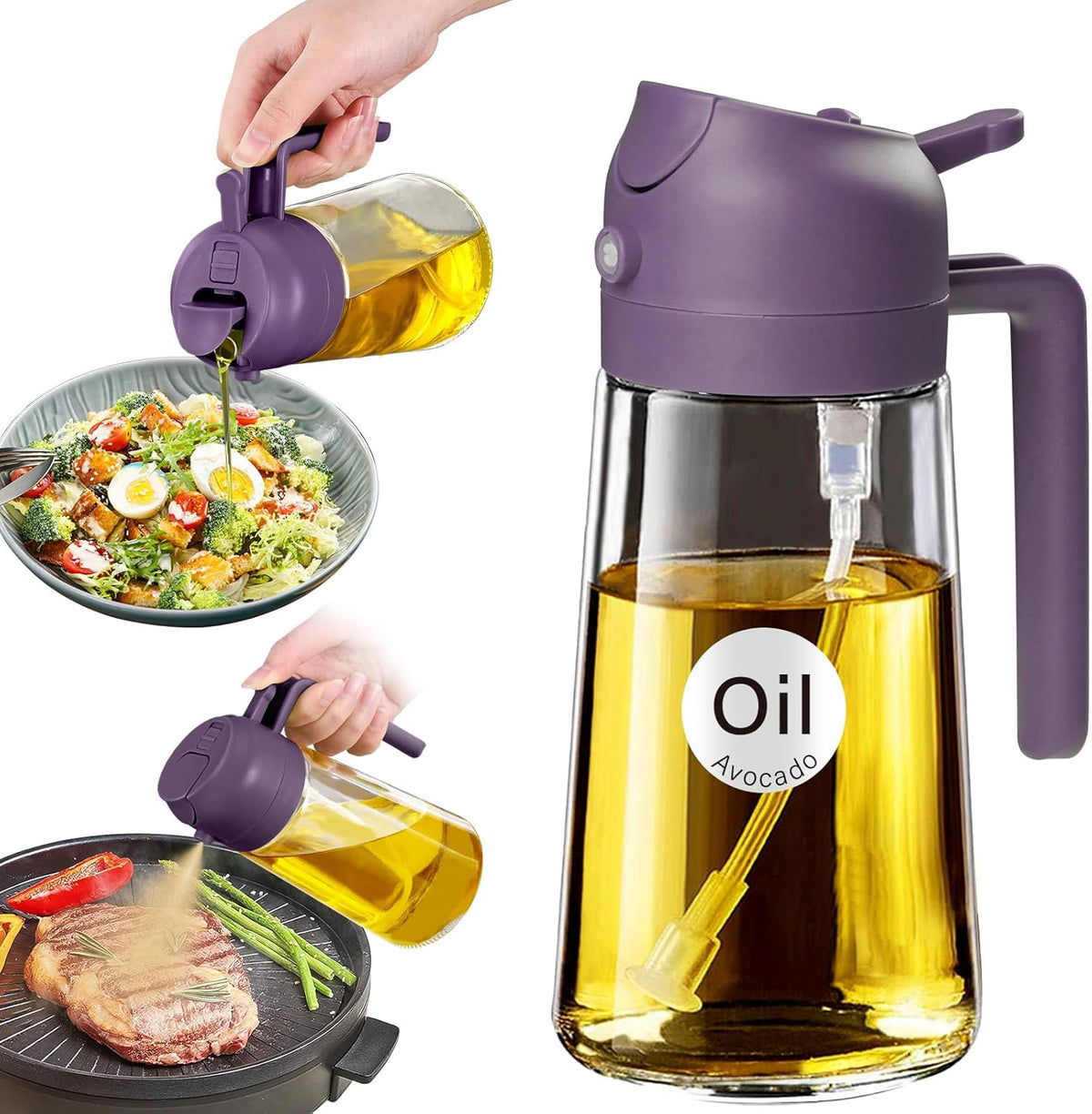 YARRAMATE 16oz/470ml Glass Olive Oil Sprayer for Cooking with Stickers, 2 in 1 Oil Dispenser for Kitchen Gadgets, Food Grade Premium Spray Bottle with Portion Control for Salad, Frying, BBQ (Black)