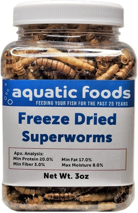 Aquatic Foods Inc. Superworms- Freeze Dried Superworms for Tropical Fish, Reptiles, Turtles, Tortoises, Frogs, Hamsters, Birds, Rodents…3oz Small Jar