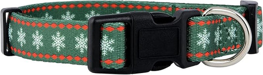 Native Pup Christmas Dog Collar- Winter Holiday Collars for Pets- Xmas Gift for Puppy- Santa, Reindeer, Snowman, Candy Cane, Red Green- Girl Boy- Small, Medium, Large Breeds (Green Snowflake, Medium)