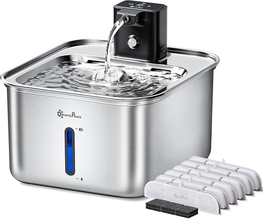 DownyPaws Cat Water Fountain Stainless Steel Wireless, 101 oz/3L FurSink Cordless Water Fountain for Cats, Battery Operated Cat Fountains for Drinking with Motion Sensor, Easy Clean, Metal & 6 Filters