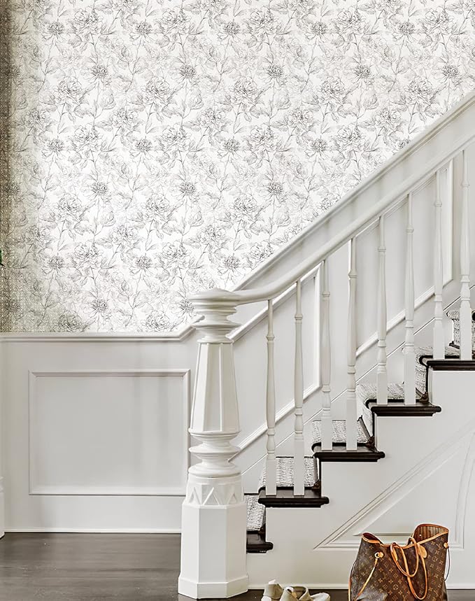 JiffDiff Black and White Floral Wallpaper Peonies Removable Peel and Stick