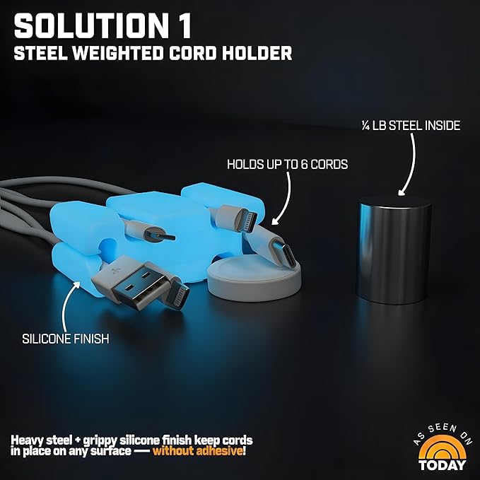 CordBrick Glowing Silicone + Steel Weighted Cable Holder for Nighstand, Cord Wrap for Travel, Unique iPhone Accessory. Small Graduation Gift for High Schoolers. Gadget for Teens. Blue Glow