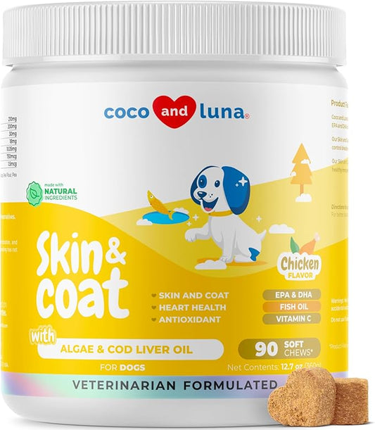 Omega 3 Fish Oil for Dogs - Skin & Coat Supplement with Cod Liver Oil, Algae, EPA & DHA Fatty Acids for Dog Shedding, Itch Relief, Hot Spots, Skin Allergy, Joint & Heart Support - 90 Soft Chews