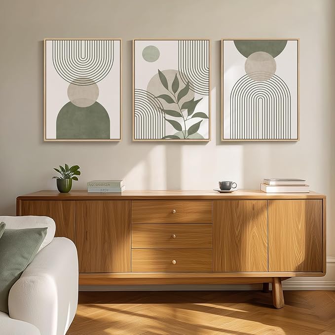 Framed Sage Green Boho Wall Art Bedroom, 3 Piece Beige Bohemian Canvas