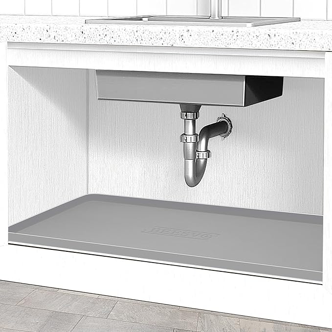 Under Sink Mat for Kitchen Waterproof, 31" x 19" Silicone Under Sink Liner Kitchen & Bathroom Cabinet Protector Mats, Heavy Duty Flexible Under Sink Drip Tray with Lip, Cool Grey