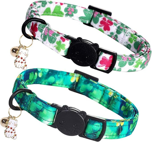 Elegant little tail St Patrick's 2 Pack Cat Collar- Trefoil Print Cotton Breakaway Cat Collars with Bell Pendant Kitten for Boy Girl Safety Adjustable Collar for Small Cats Puppy