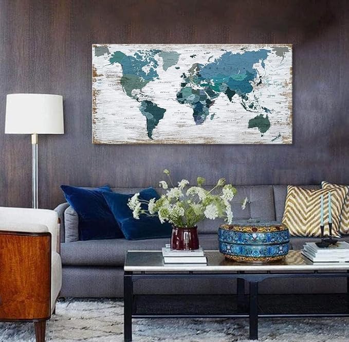 lagre Teal Decor 36inchx71inch World Map Canvas Wall Art Pictures