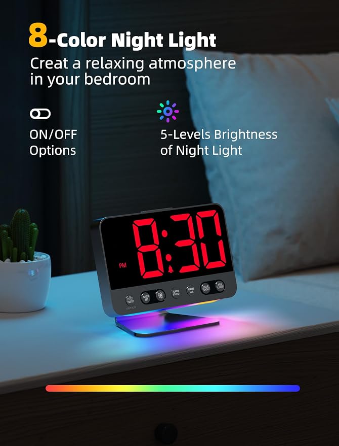 Odokee Digital Alarm Clocks for Bedrooms: Large Bold Number 5 Brightness Dimmer