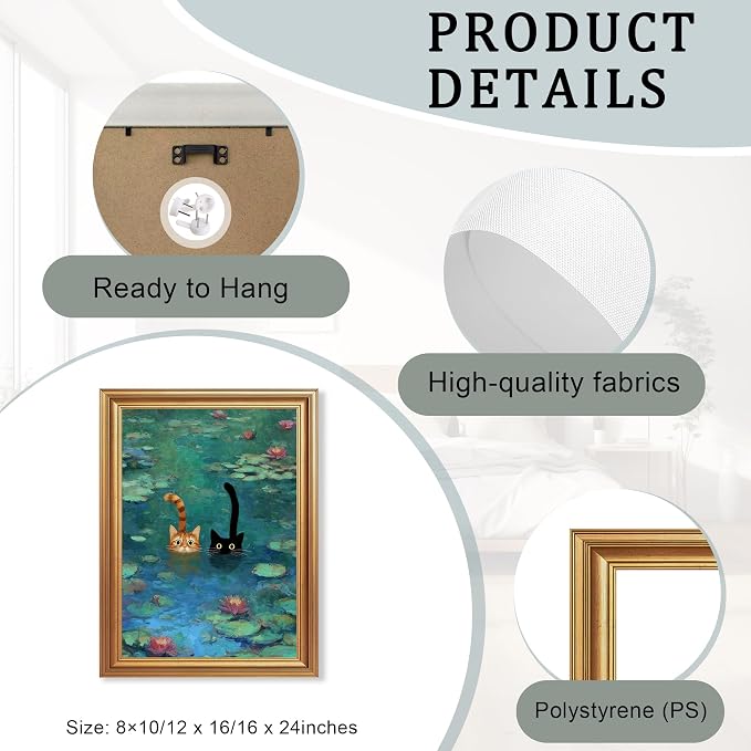 Fantasy Artists Gold Framed Wall Art Prints, Two Swimming Cats in Lotus Pond