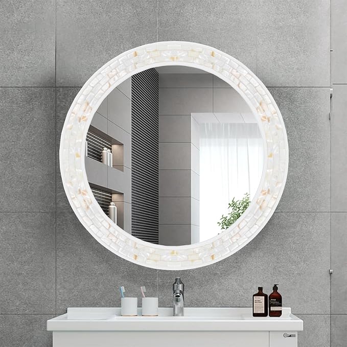 Mosaic Mirrors for Wall 24 Inch, Natural Mother of Pearl Inlay White Framed