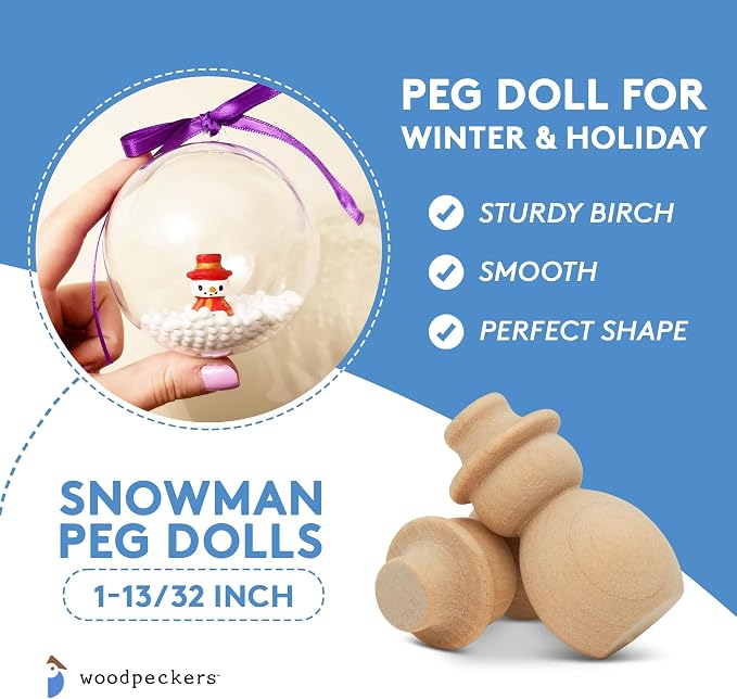 Snowman Peg Dolls 1-13/32 inch, Pack of 25 Wooden Peg Dolls for Christmas Crafts, Nativity Scenes, Holiday Decorations, by Woodpeckers