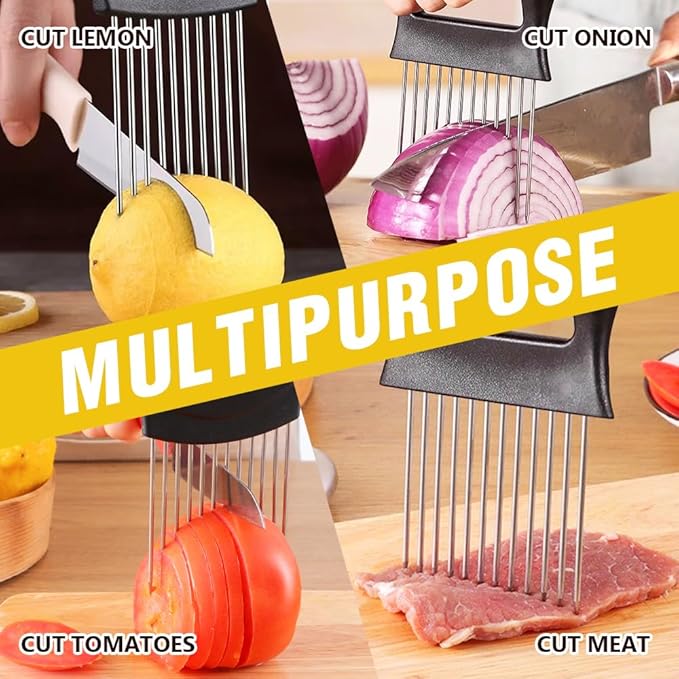 2026 New Stainless Steel Onion Slicer Holder, Onion Holder for Slicing, Lemon Slicer Vegetable Cutter, Chopper Slicing Assistant Tool for Meat, Onion, Potato, Tomato Home Kitchen Tools (Black-B)