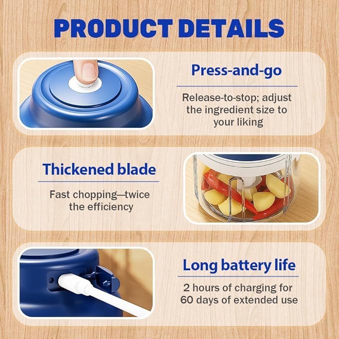 Electric Mini Garlic Chopper Set, 2026 New Small Garlic Chopper Mincer, USB Rechargeable, Wireless Veggie Grinder, Rapidly Garlic Minces Ginger Onion Chili Veggie (Blue, 250ml)