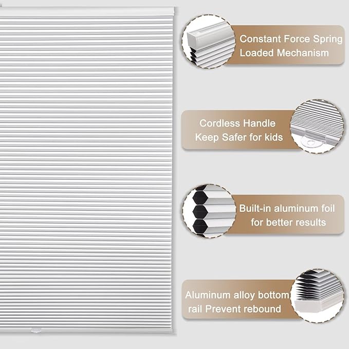 MYshade 1.5-Inch Cellular Cordless Blackout Shades,Thermal Insulating Noise Reducing Waterproof Blinds,Honeycomb Window Treatments for Indoor Light Control (White-39 W x 72" H)