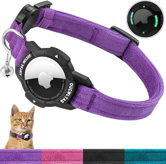 Luminous AirTag Cat Collar Breakaway, OUCWLTAG GPS Cat Collar with Apple Air Tag Holder, Cat Tracker Collars with Safety Elastic Band for Girl Boy Cats, Kittens and Puppies (Purple, 9-13 Inch)
