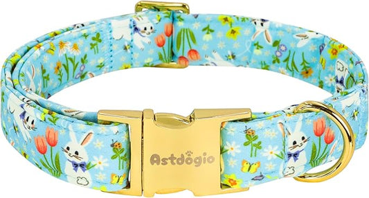 Easter Dog Collar for Medium Dogs, Easter & Spring Theme Medium Dog Collar with Cute White Bunny Pattern, Adjustable Blue Easter Dog Collars Girl Boy Collar for Dogs -M