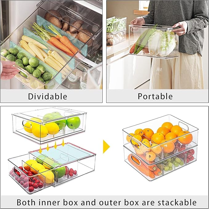 4 pack Stackable Refrigerator Organizer Bins Pull-Out Drawers for Fruit and Veggies Storage Organizer for Fridge Clear Drawer Containers with Handle Divided Organization for Produce Saver