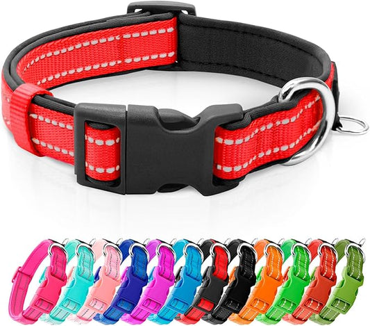 azuza Reflective Dog Collar,Soft Neoprene Padded Pet Collar with ID Tag Ring,Adjustable for Small Dogs,Red,S
