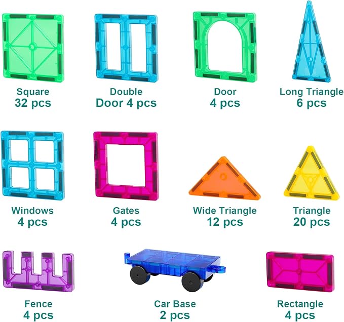 Magnetic Tiles, 96PCS Magnetic Block Toddler Toys with 2 Cars, 3D Clear Magnet Building Tiles Set, STEM Educational Toys for Kids 3-9 Years