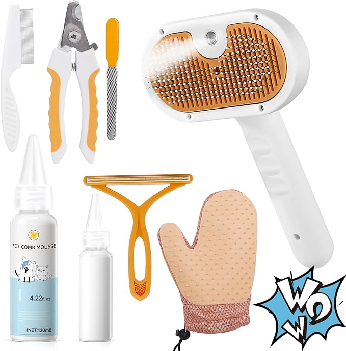 Pet Steam Brush for Dog & Cat – 3-in-1 Spray Hair Removal Comb for Shedding & Grooming Shedding Glove, Flea Comb, Couch Carpet Hair Removal Tool, Nail Toenail Clippers Nail File Shampoo-8PCS
